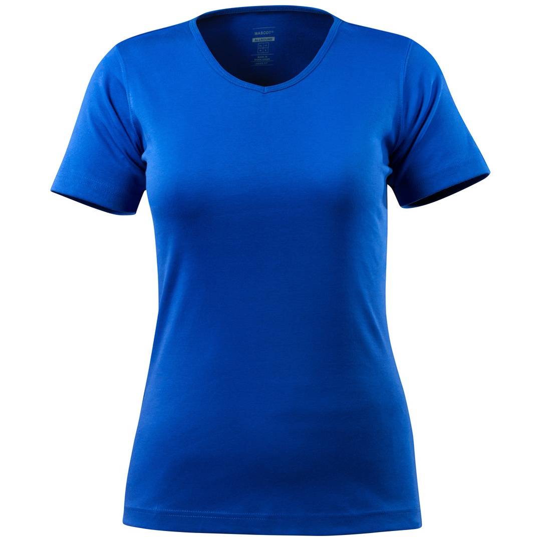 Blaues kurzarm V-Ausschnitt-T-Shirt auf schlicht weißem Hintergrund dargestellt.