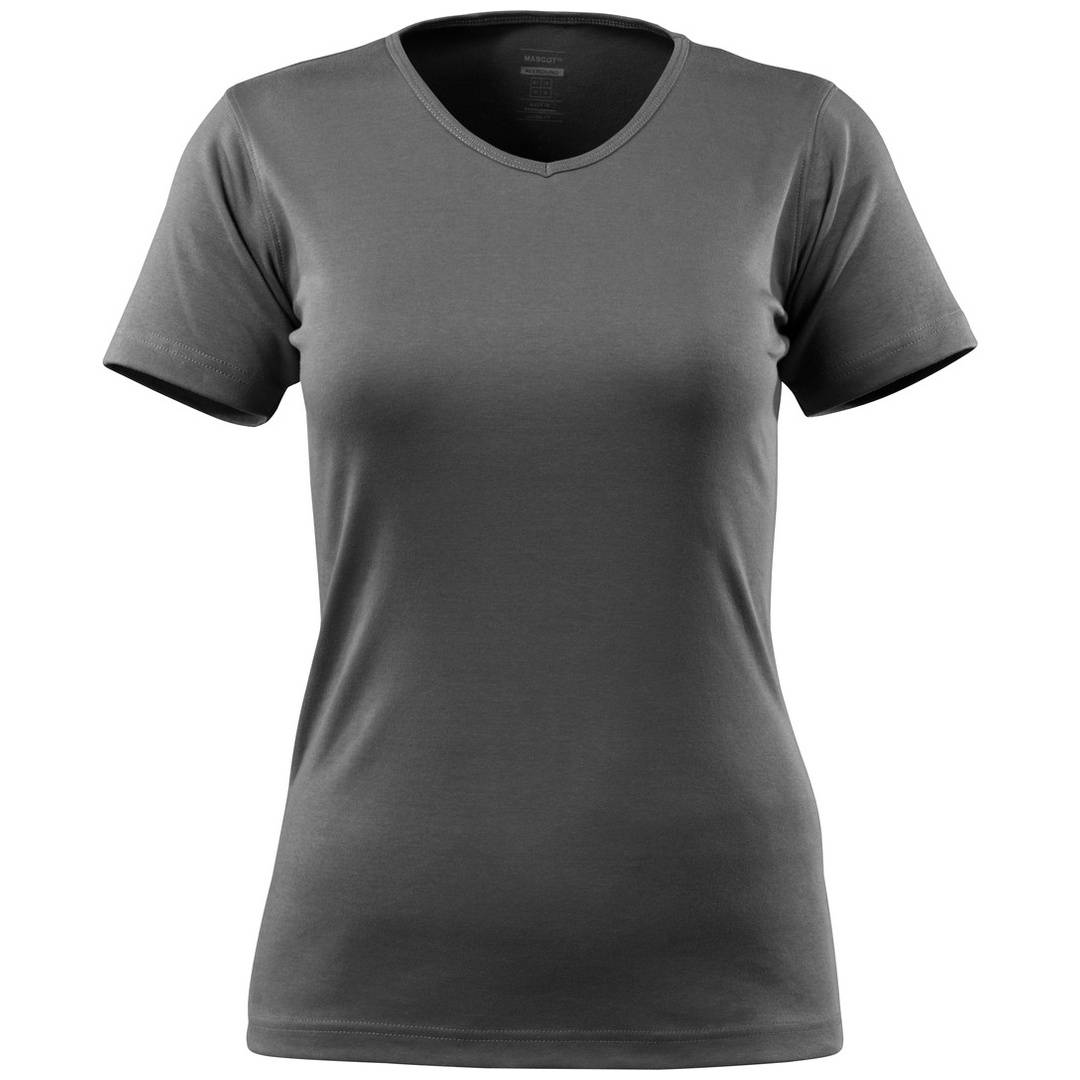 Graues Damen-V-Ausschnitt-T-Shirt, Vorderansicht auf weißem Hintergrund gezeigt.