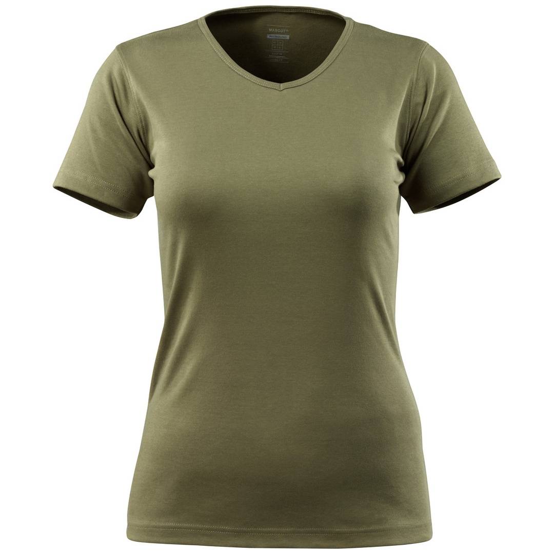 Olivgrünes Kurzarm-T-Shirt mit V-Ausschnitt, Vorderansicht auf weißem Hintergrund dargestellt.