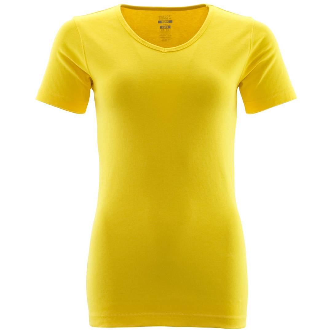 Hellgelbes kurzärmeliges T-Shirt mit V-Ausschnitt auf einfachem weißem Hintergrund.