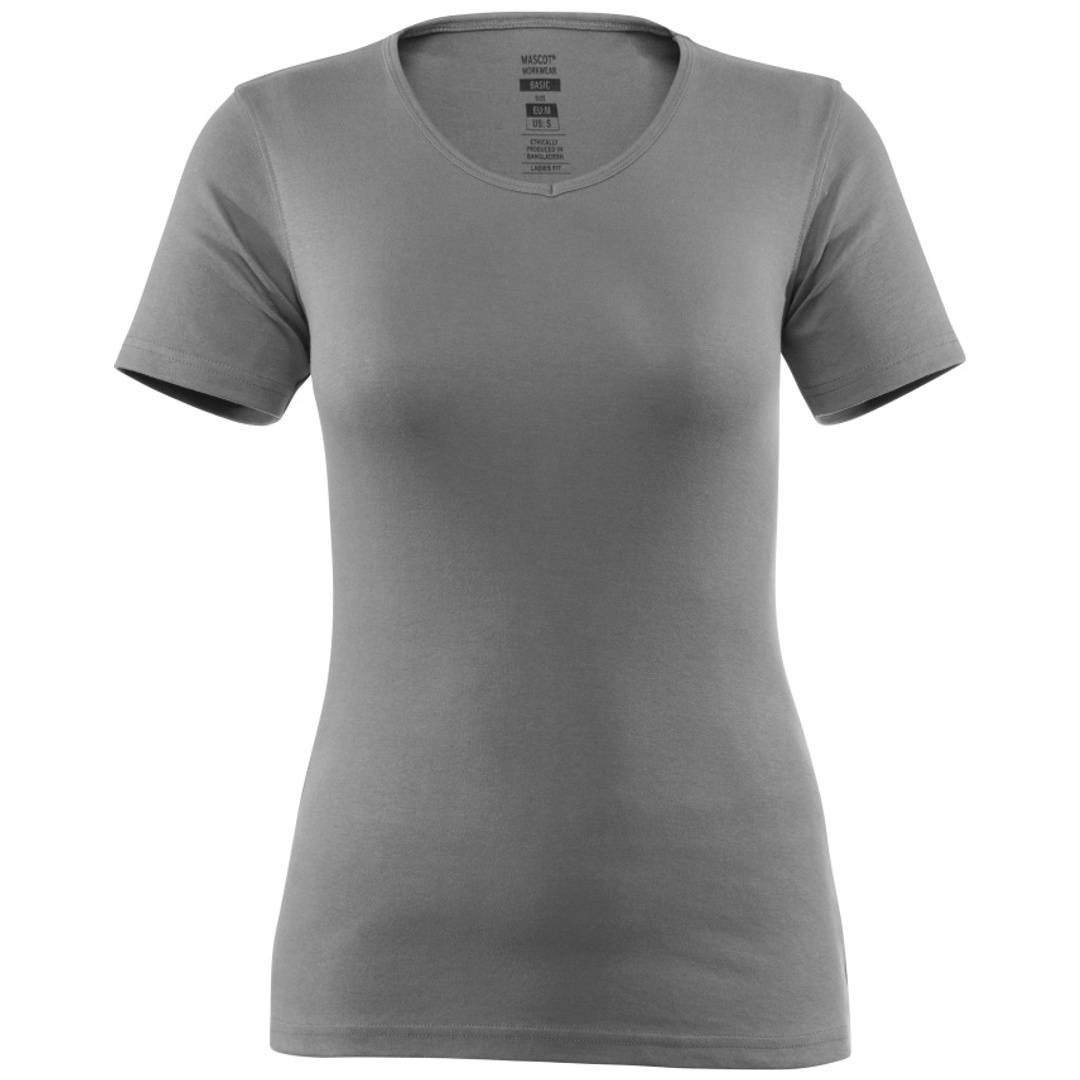 Graues kurzärmeliges V-Ausschnitt-T-Shirt gezeigt in Vorderansicht auf einfachem weißem Hintergrund.