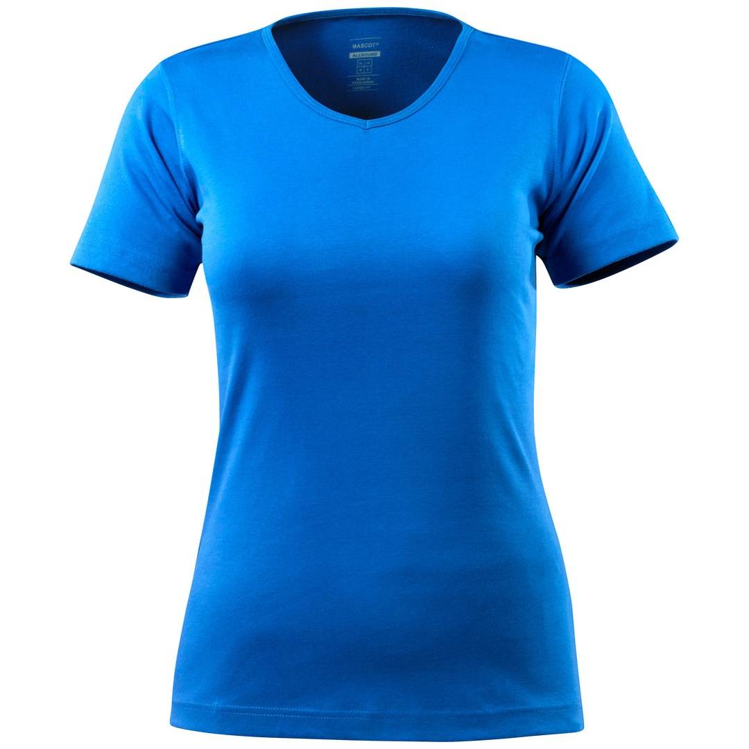Blaues ärmelloses T-Shirt mit V-Ausschnitt in Vorderansicht auf weißem Hintergrund.