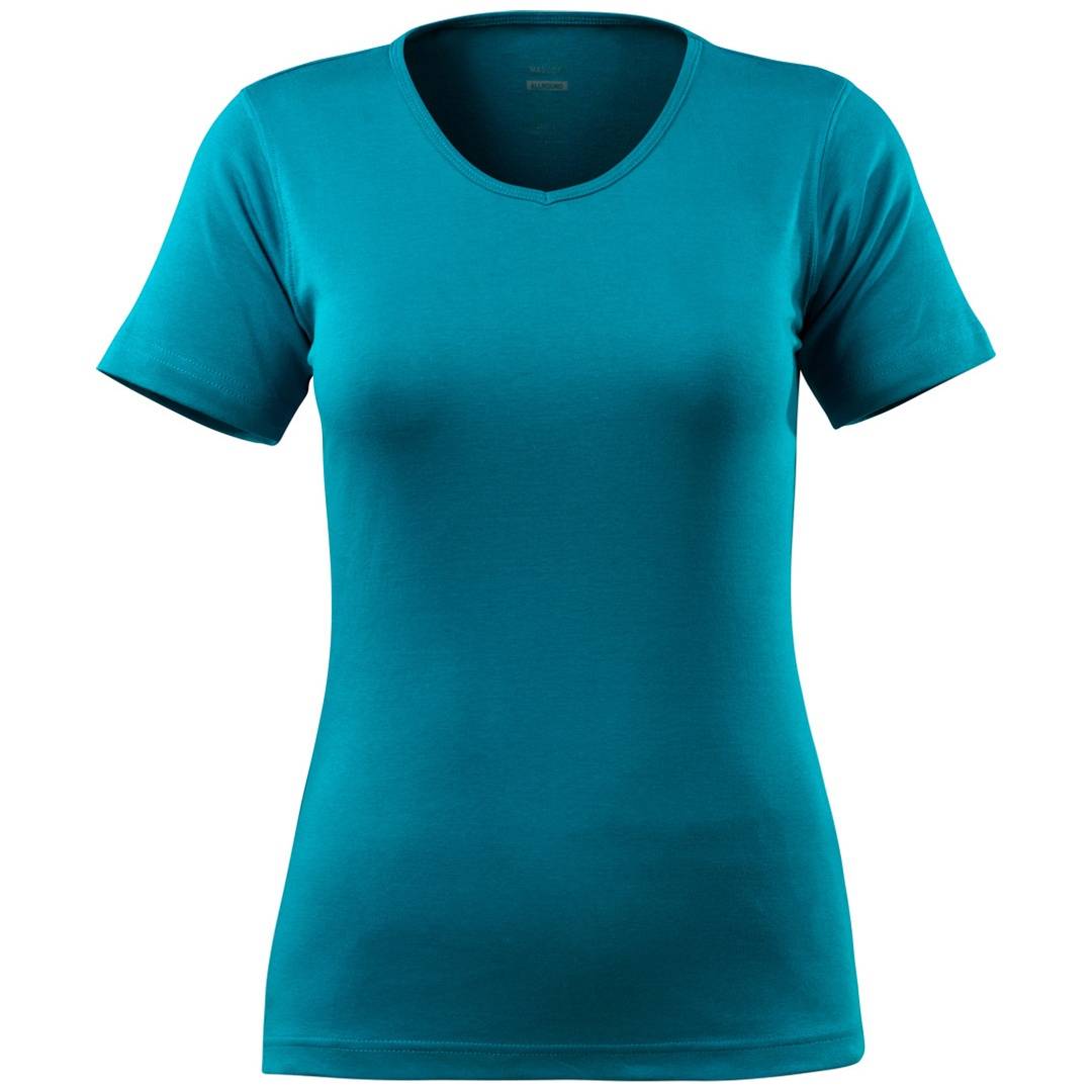 Türkises T-Shirt mit kurzen Ärmeln und V-Ausschnitt auf weißem Hintergrund.