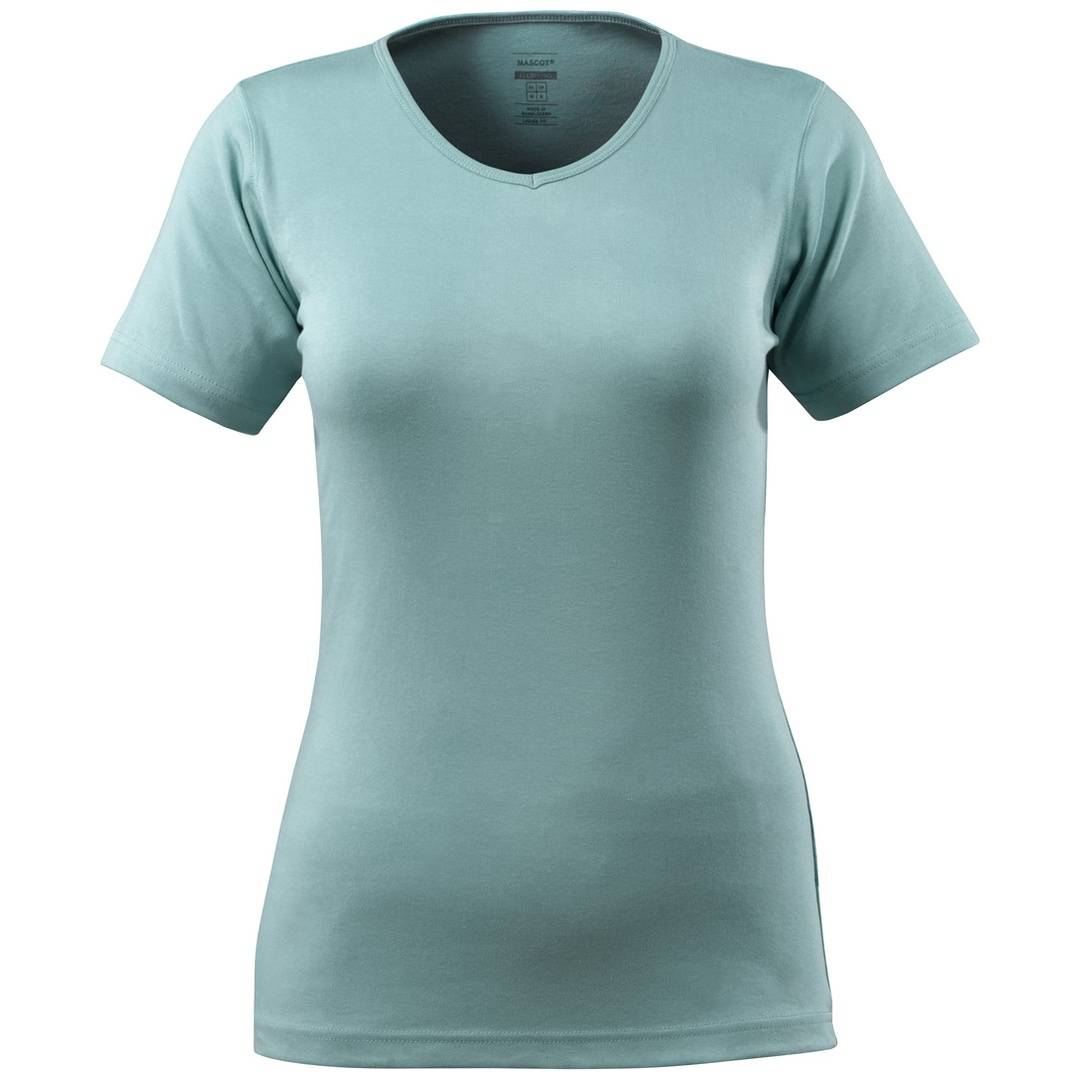 Hellblaues Kurzarm-T-Shirt mit V-Ausschnitt, Vorderansicht auf weißem Hintergrund dargestellt.