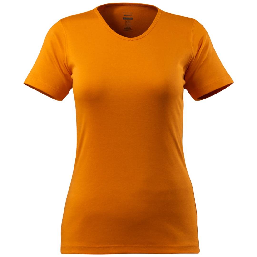 Oranges T-Shirt mit kurzen Ärmeln, Vorderansicht auf einfachem weißem Hintergrund.
