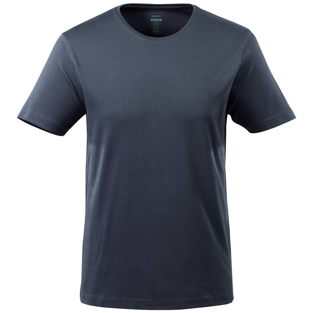 Dunkelgraues Crewneck-Kurzarm-T-Shirt gezeigt in Vorderansicht auf einfarbig weißem Hintergrund.