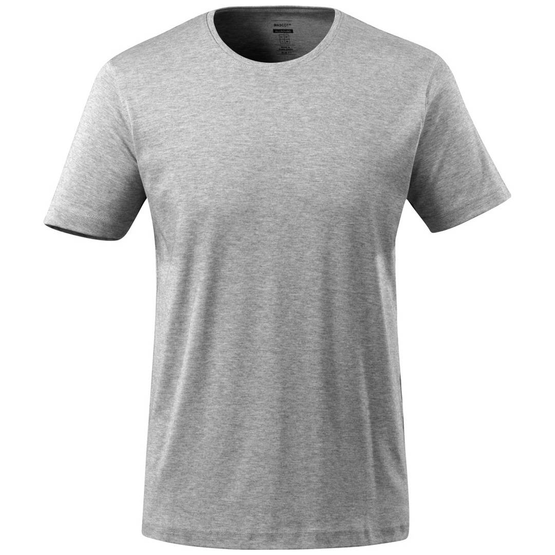 Hellgraues kurzärmeliges Crewneck-T-Shirt, von vorne auf neutralem Hintergrund gezeigt.