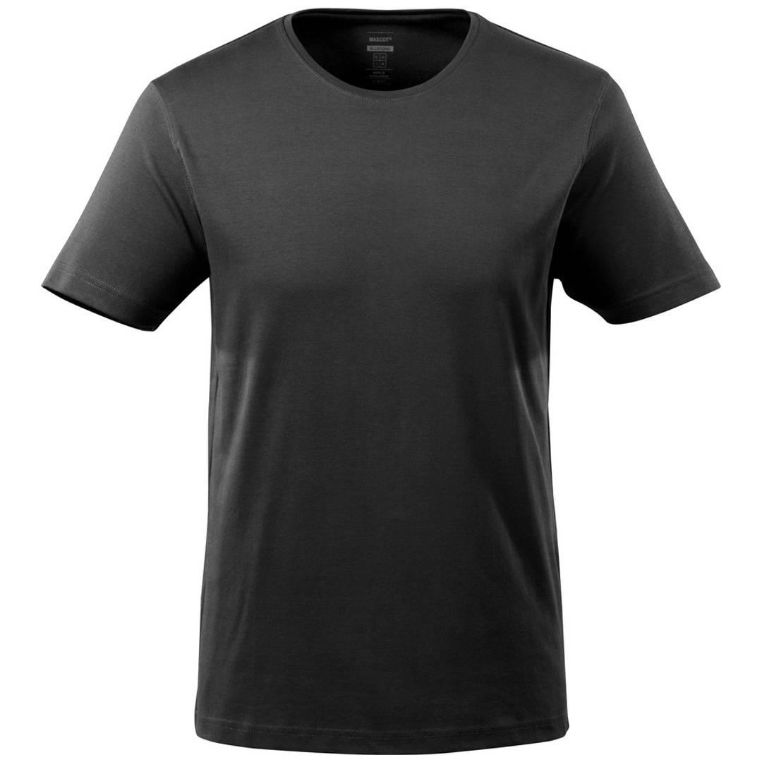 Schwarzes Kurzarm-Rundhals-T-Shirt von vorne auf einfachem weißem Hintergrund dargestellt.