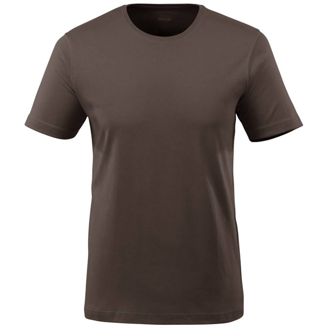 Braunes kurzärmeliges Crewneck-T-Shirt von vorne auf einem schlichten weißen Hintergrund.