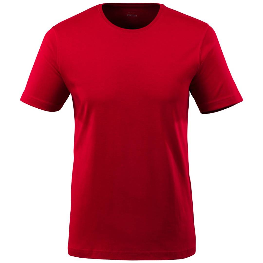 Rotes ärmelloses T-Shirt, Vorderansicht auf weißem Hintergrund.