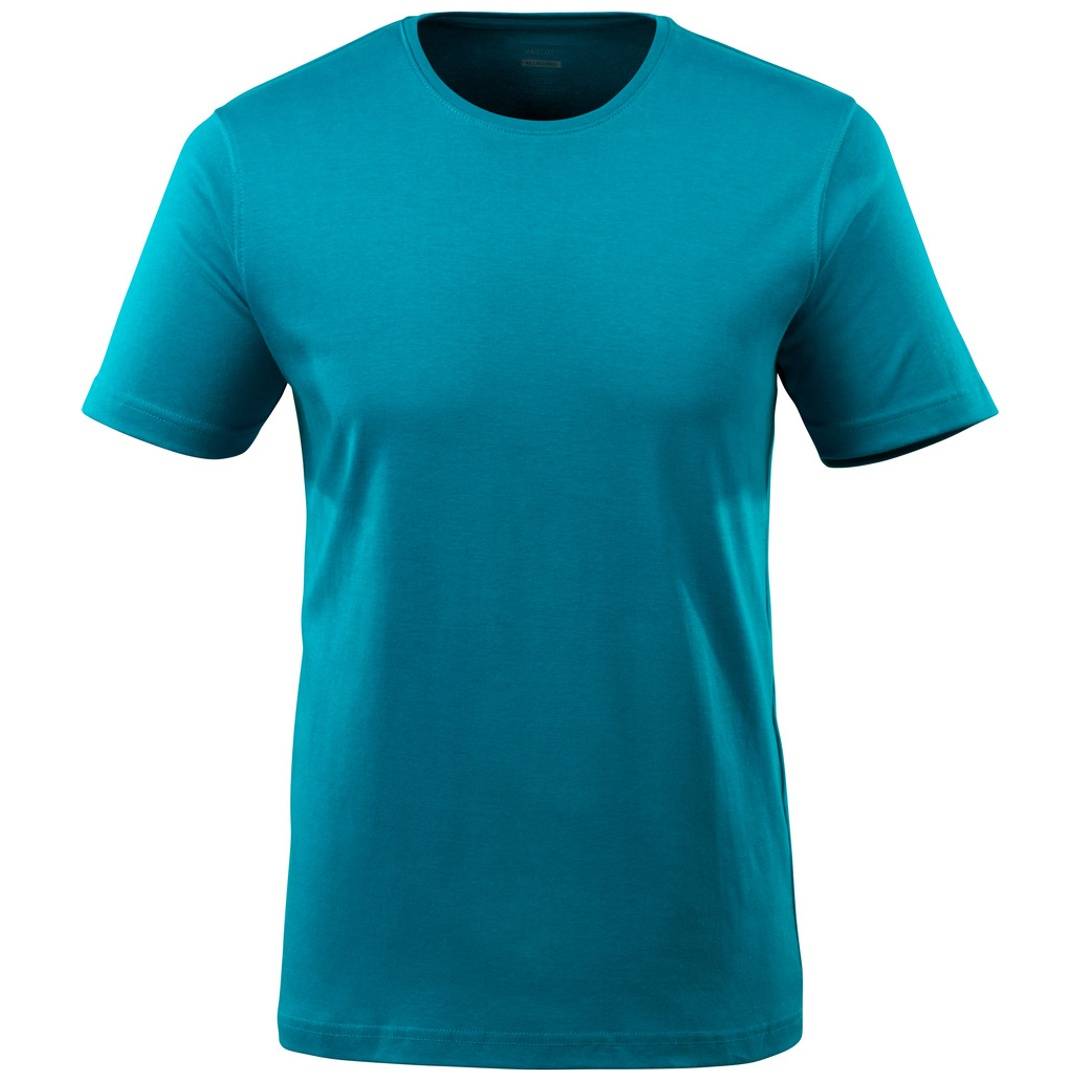 Petrol-farbenes Kurzarm-T-Shirt mit Rundhalsausschnitt, isoliert auf weißem Hintergrund.