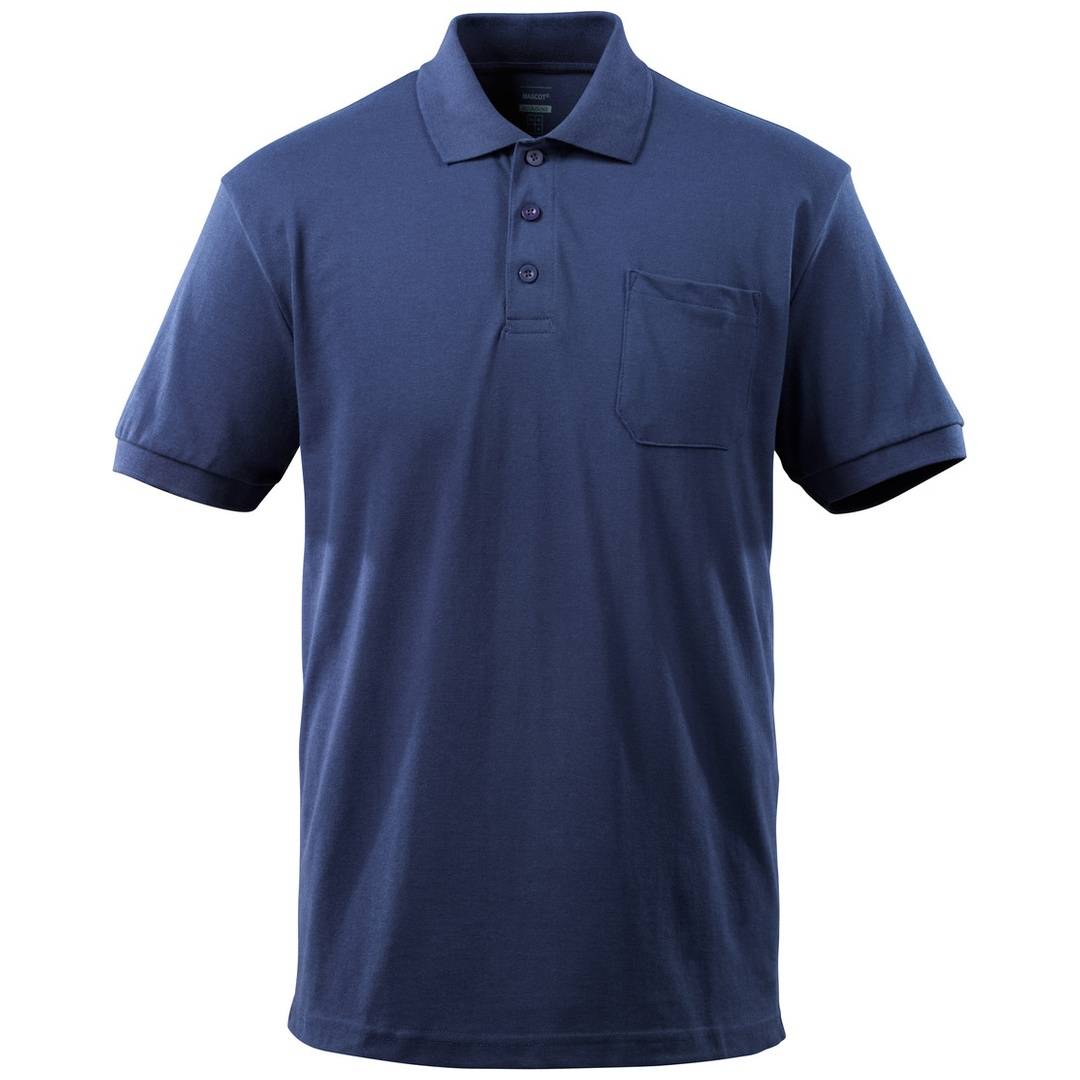 Marineblaues Kurzarm-Poloshirt mit Kragen, dreiknöpfiger Knopfleiste und Brusttasche, Vorderansicht auf weißem Hintergrund.