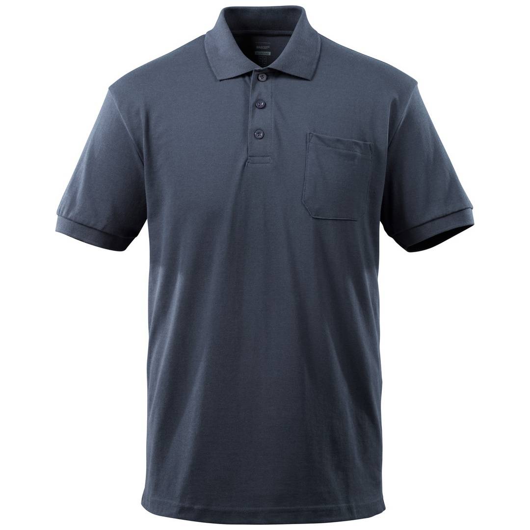 Dunkelgraues Kurzarm-Poloshirt mit Kragen, dreiknöpfige Knopfleiste und Brusttasche auf weißem Hintergrund.