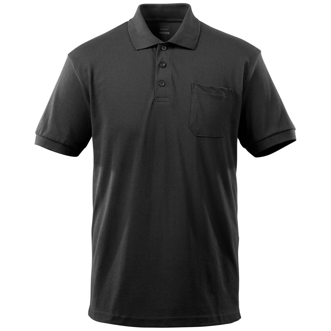 Schwarzes Poloshirt mit Kurzarm, Kragen, Knopfleiste mit drei Knöpfen und Brusttasche, abgebildet auf einfachem weißem Hintergrund.