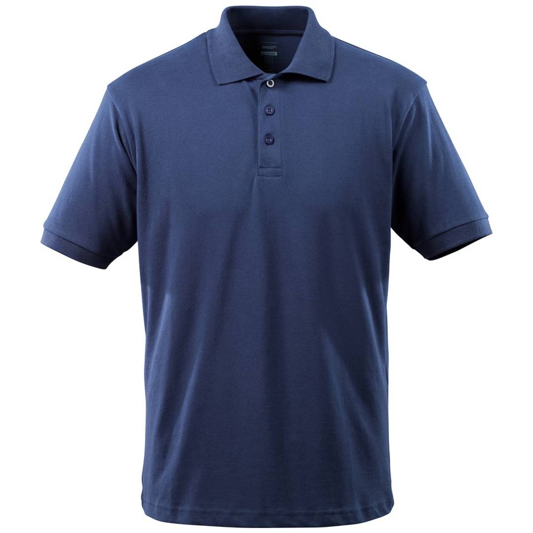 Marineblauez Poloshirt mit Kurzarm, Kragen und Dreiknopf-Blende, Vorderansicht auf weißem Hintergrund.