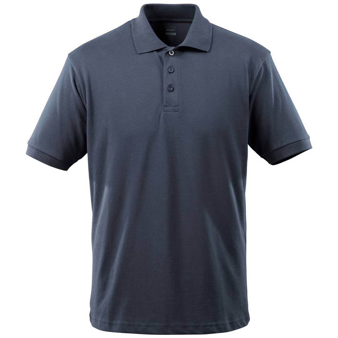 Dunkelgraues Poloshirt mit kurzen Ärmeln, Kragen und dreiknöpfiger Knopfleiste, frontal auf weißem Hintergrund dargestellt.