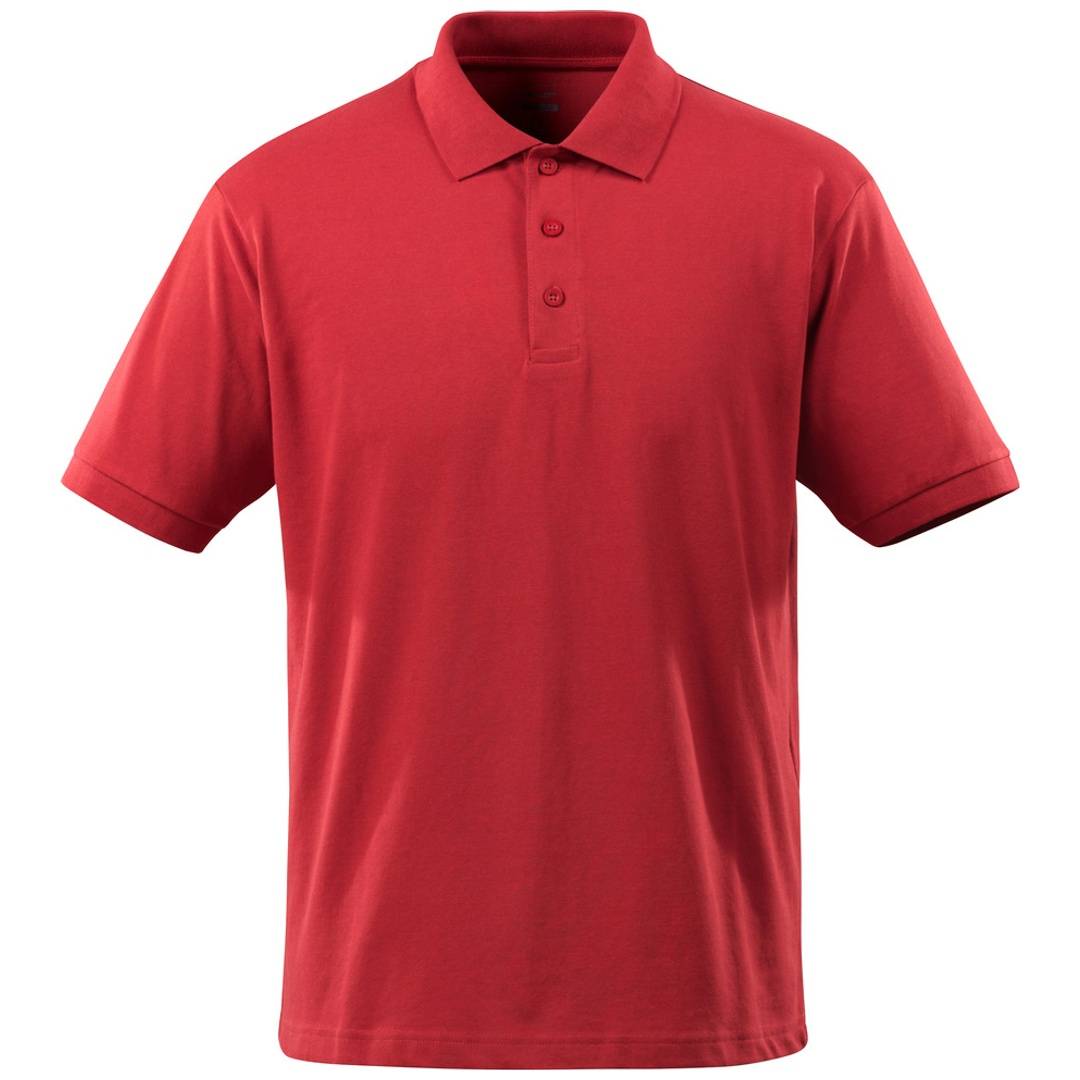 Rotes Kurzarm-Poloshirt mit Kragen und Knopfleiste auf einfachem weißem Hintergrund.