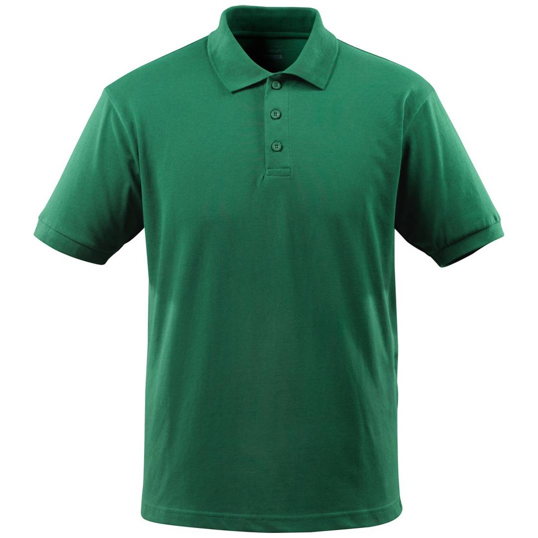 Grünes Poloshirt mit kurzen Ärmeln, Kragen und dreiteiliger Knopfleiste, frontal auf weißem Hintergrund dargestellt.