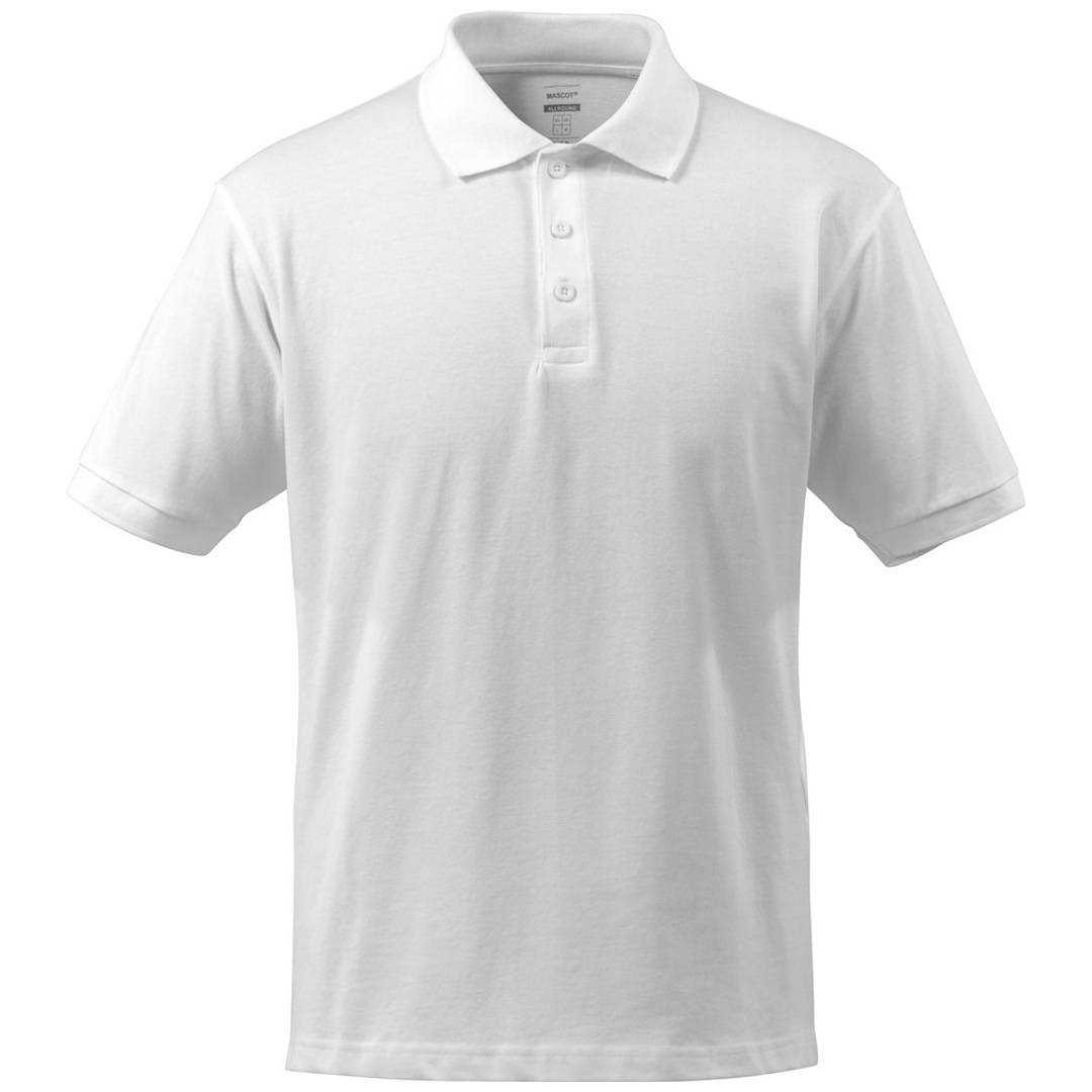Weißes Poloshirt mit kurzen Ärmeln, Kragen und dreigeteilter Knopfleiste, von vorne auf einfachem Hintergrund dargestellt.