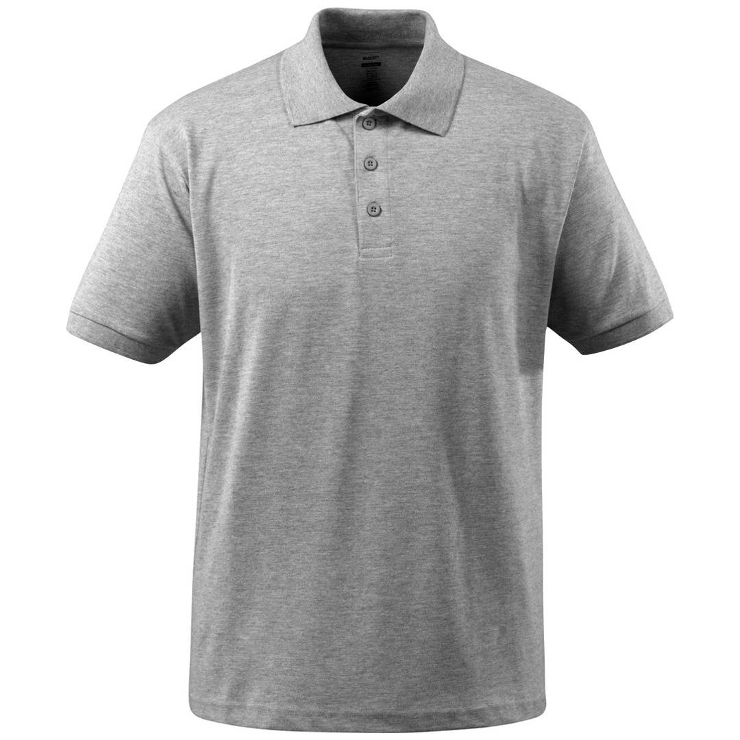 Hellgraues Kurzarm-Poloshirt mit Kragen und dreiteiliger Knopfleiste, Vorderansicht auf weißem Hintergrund.
