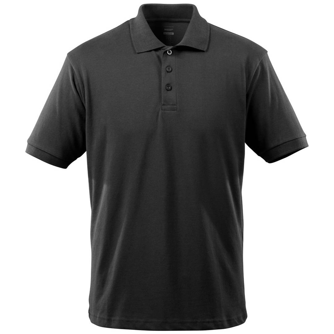 Schwarzes Poloshirt mit kurzen Ärmeln, Kragen und dreigeteilter Knopfleiste, Vorderansicht auf einfachem weißem Hintergrund.