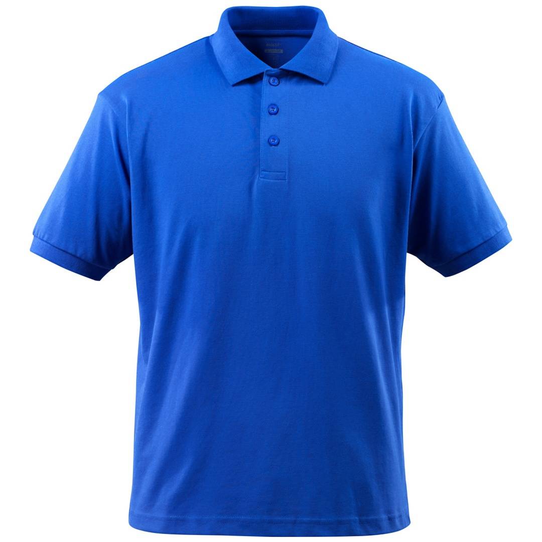 Helles blaues kurzärmeliges Poloshirt mit Kragen und dreiknöpfiger Knopfleiste, Vorderansicht auf einfachem weißem Hintergrund.