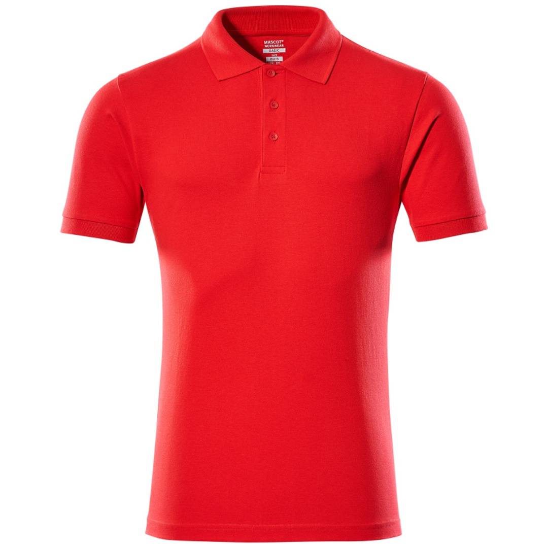Rotes Kurzarm-Poloshirt mit Kragen und Knopfleiste auf einfarbigem weißem Hintergrund.