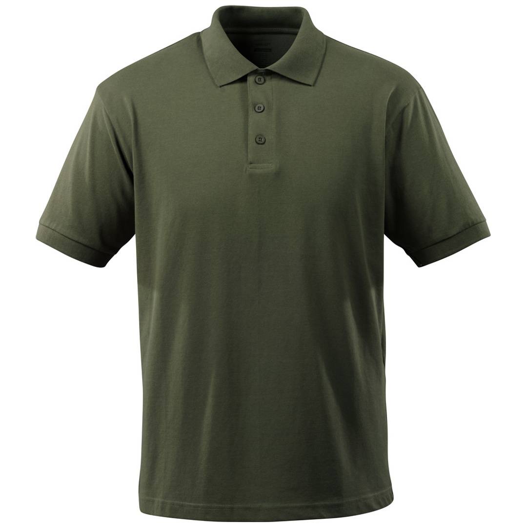 Olivgrünes Kurzarm-Poloshirt mit Kragen und dreiknöpfiger Knopfleiste, frontal auf einfachem weißem Hintergrund dargestellt.
