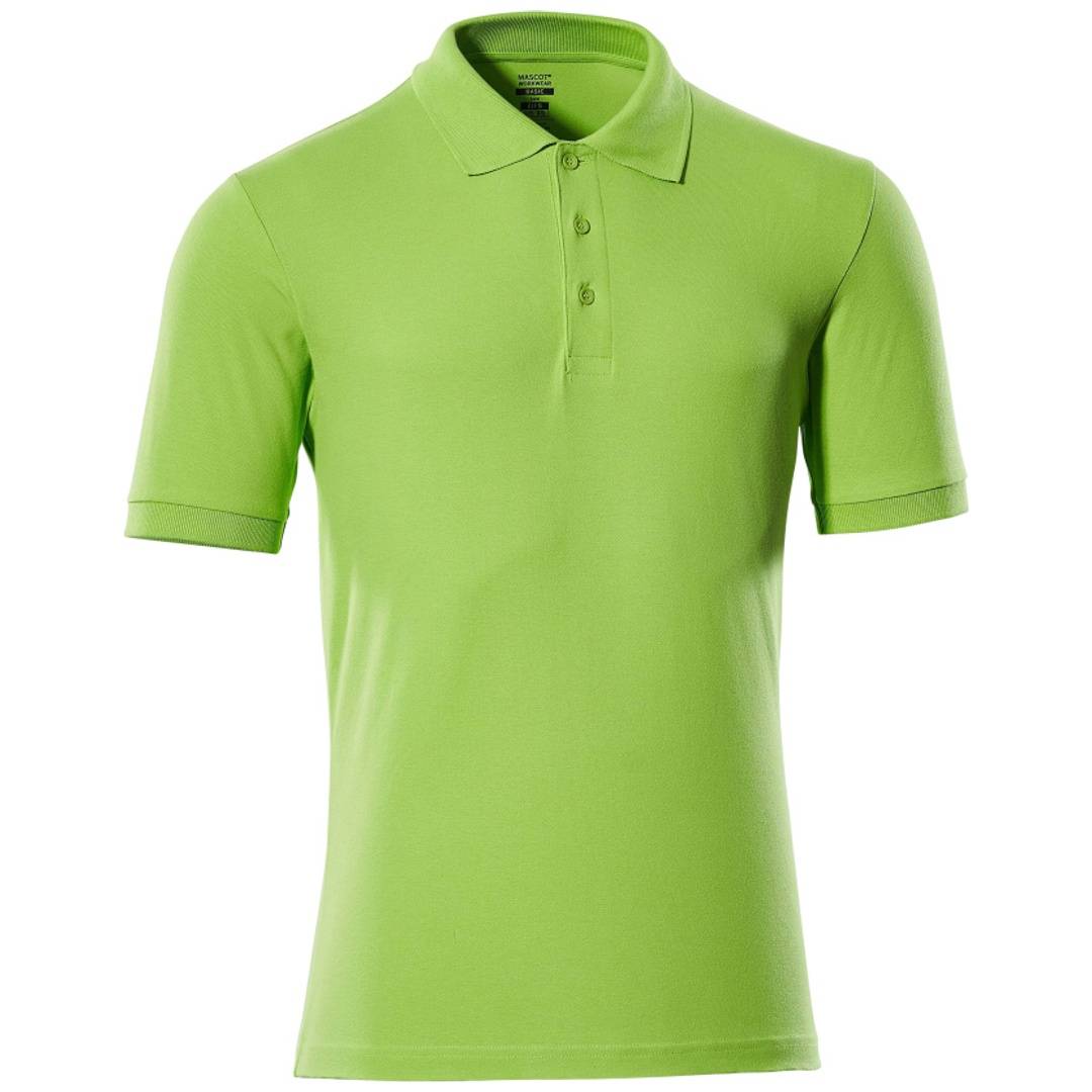 Hellgrünes Poloshirt mit kurzen Ärmeln, Kragen und dreiknöpfiger Knopfleiste, von vorne auf weißem Hintergrund dargestellt.