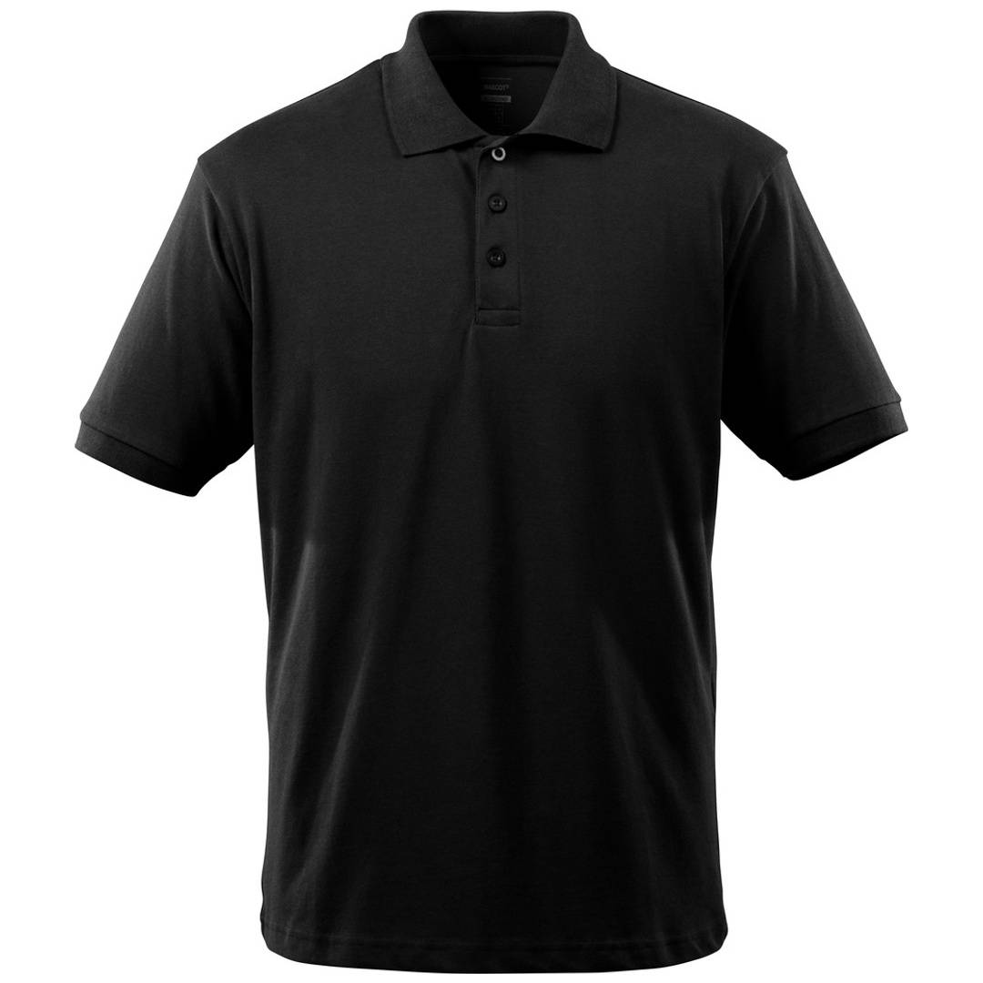 Schwarzes Poloshirt mit kurzen Ärmeln, Kragen und dreigeteilter Knopfleiste, Vorderansicht auf weißem Hintergrund.