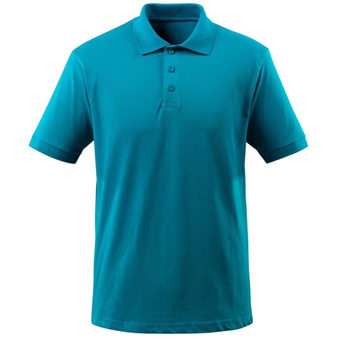 Tealblaues Kurzarm-Poloshirt mit Knopfkragen, von vorne gezeigt auf weißem Hintergrund.