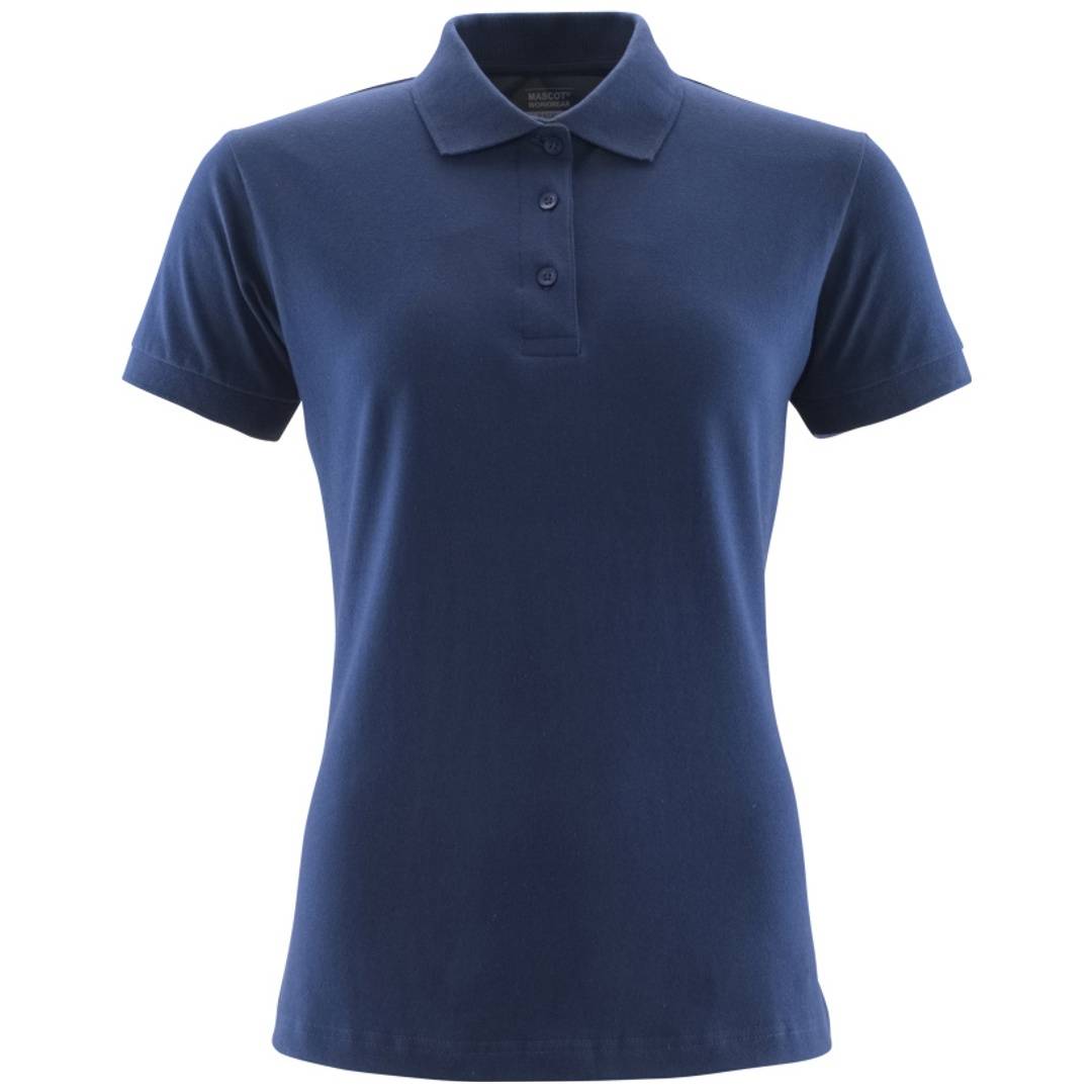 Marineblaugrundiges kurzärmeliges Poloshirt von vorne auf weißem Hintergrund abgebildet.