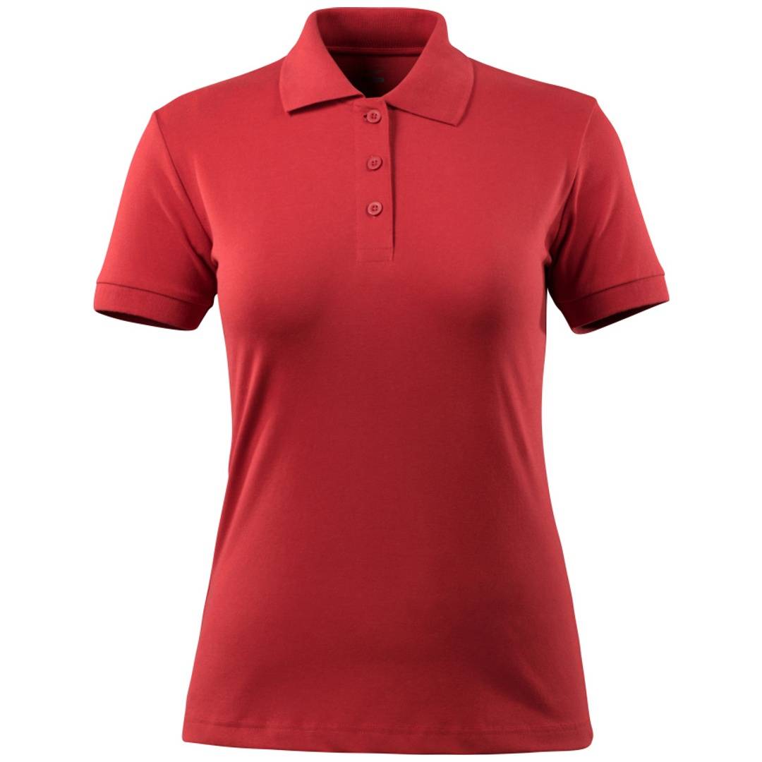 Rotes Kurzarm-Poloshirt mit Kragen und dreiknöpfiger Knopfleiste, Vorderansicht auf einfachem weißem Hintergrund.