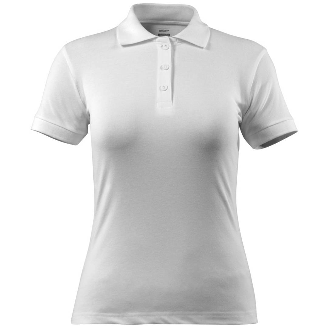Weißes Kurzarm-Poloshirt mit Kragen und dreiknöpfiger Knopfleiste, Vorderansicht auf neutralem Hintergrund gezeigt.