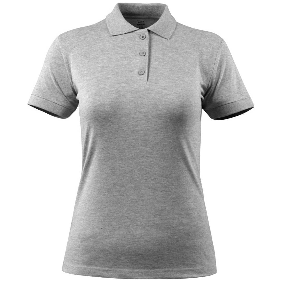 Hellgraues Poloshirt mit kurzen Ärmeln und dreigeteilter Knopfleiste, frontal auf weißem Hintergrund dargestellt.