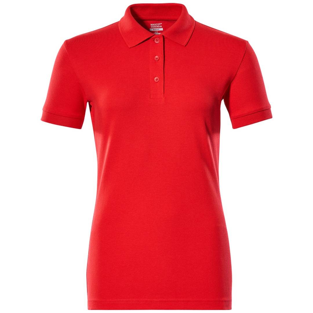 Rotes Poloshirt mit kurzen Ärmeln, Kragenhals und Knopfleiste, frontal auf einfarbigem Hintergrund gezeigt.