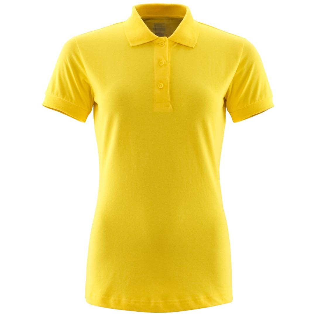 Gelbes Kurzarm-Poloshirt in Vorderansicht auf weißem Hintergrund.