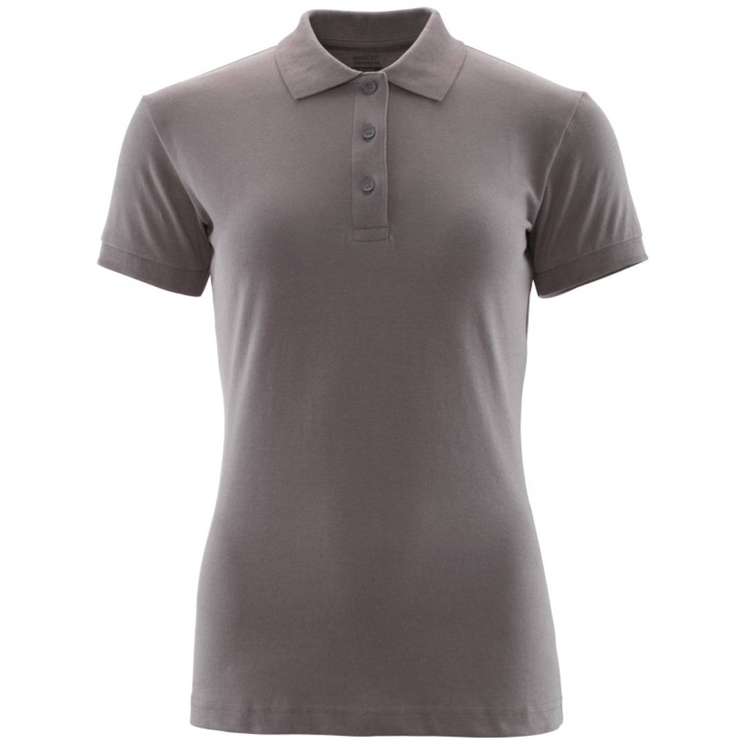 Graues Kurzarm-Poloshirt mit dreikknöpfiger Knopfleiste, Vorderansicht auf weißem Hintergrund dargestellt.