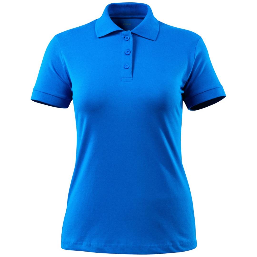 Blaues Kurzarm-Poloshirt auf weißem Hintergrund, Vorderansicht gezeigt.