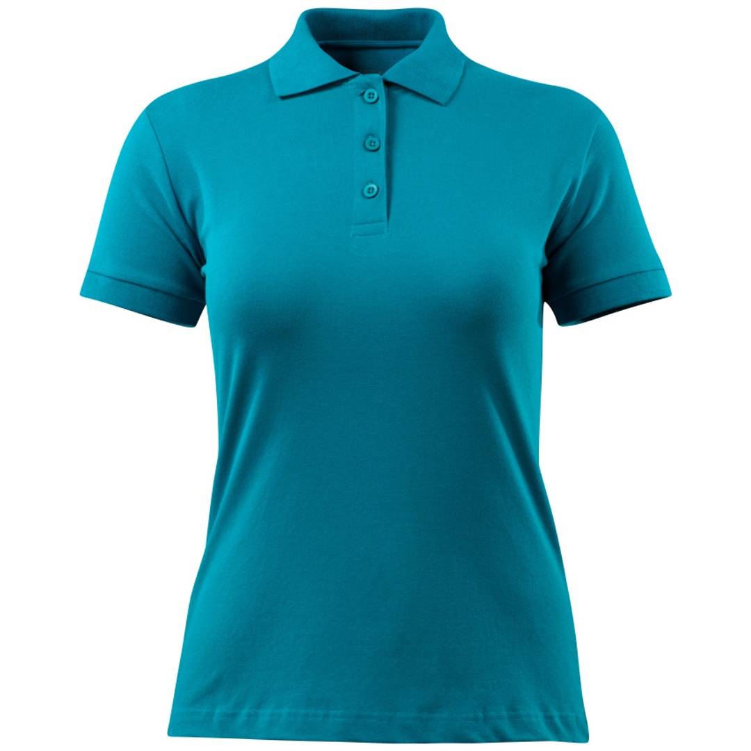 Tealblaues Poloshirt mit Kurzarm, Kragen und dreiknöpfigem Knopfleiste auf einfachem weißem Hintergrund.