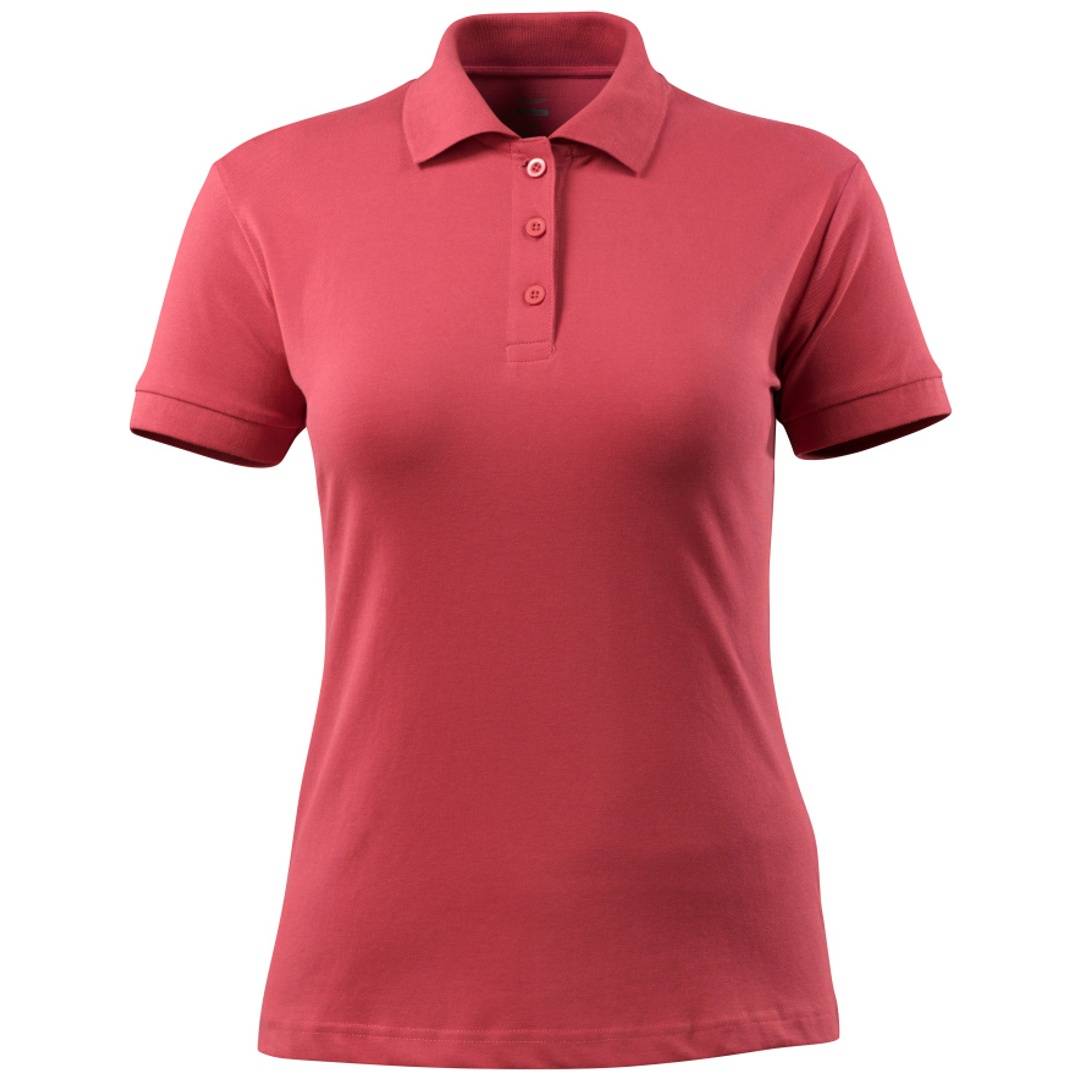 Rosa Poloshirt mit kurzen Ärmeln, Kragen und Knopfleiste, Vorderansicht vor weißem Hintergrund.