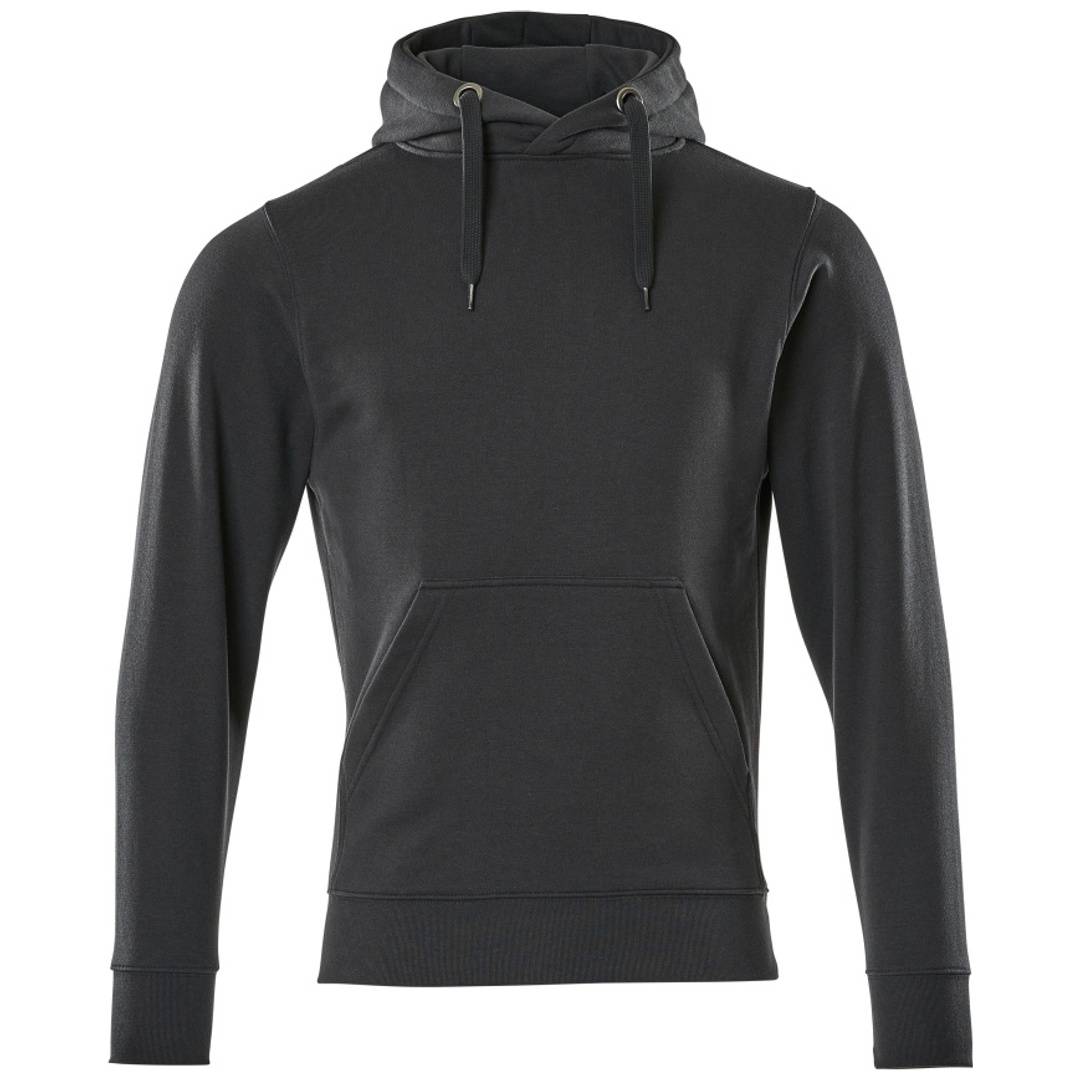 Schwarzer Kapuzenpullover mit langen Ärmeln, Kordelzügen und einer vorderen Känguru-Tasche auf weißem Hintergrund.