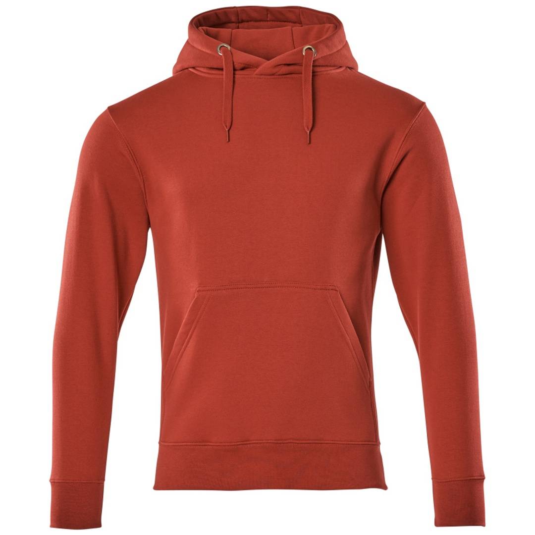 Rostrot gefärbter Kapuzenpullover mit Zugbändern und einer vorderen Känguru-Tasche, gezeigt vor einem einfachen weißen Hintergrund.