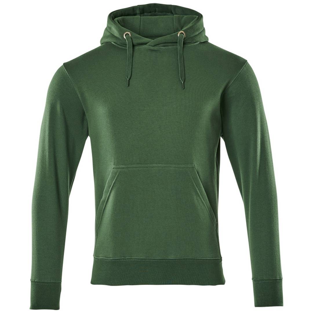 Grüner Kapuzenpullover mit vorderer Känguru-Tasche und Schnürkapuze, gezeigt auf einfachem weißem Hintergrund.