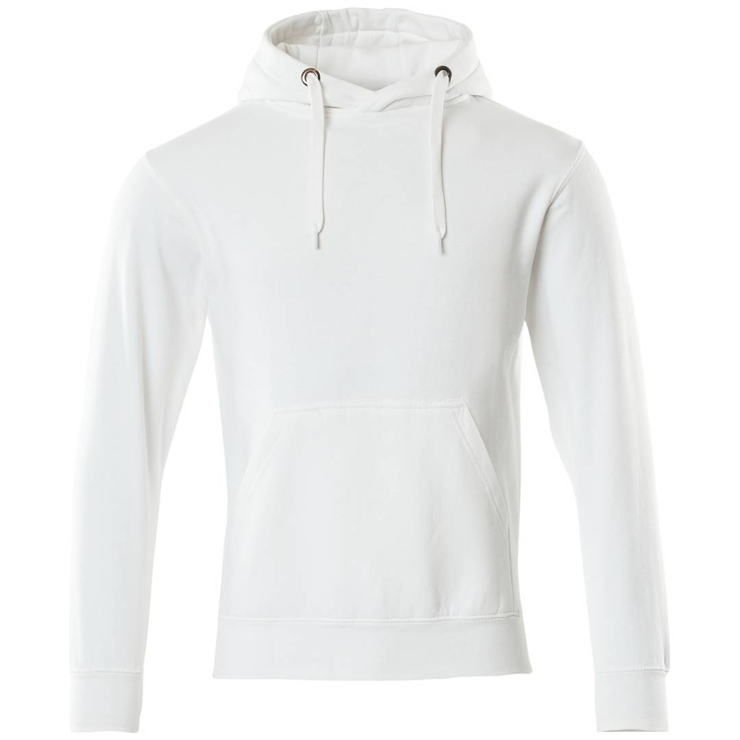 Weißer Hoodie mit Kordelzug, vorderer Känguru-Tasche und langen Ärmeln auf weißem Hintergrund.