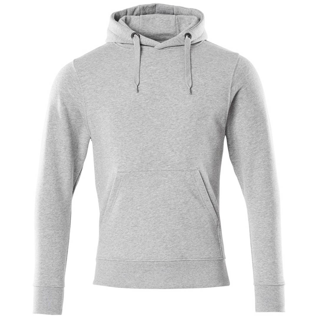 Hellgraues Kapuzenpullover mit Kordelzug-Kapuze, langen Ärmeln und fronttaschen Känguru-Tasche auf einem schlichten weißen Hintergrund.