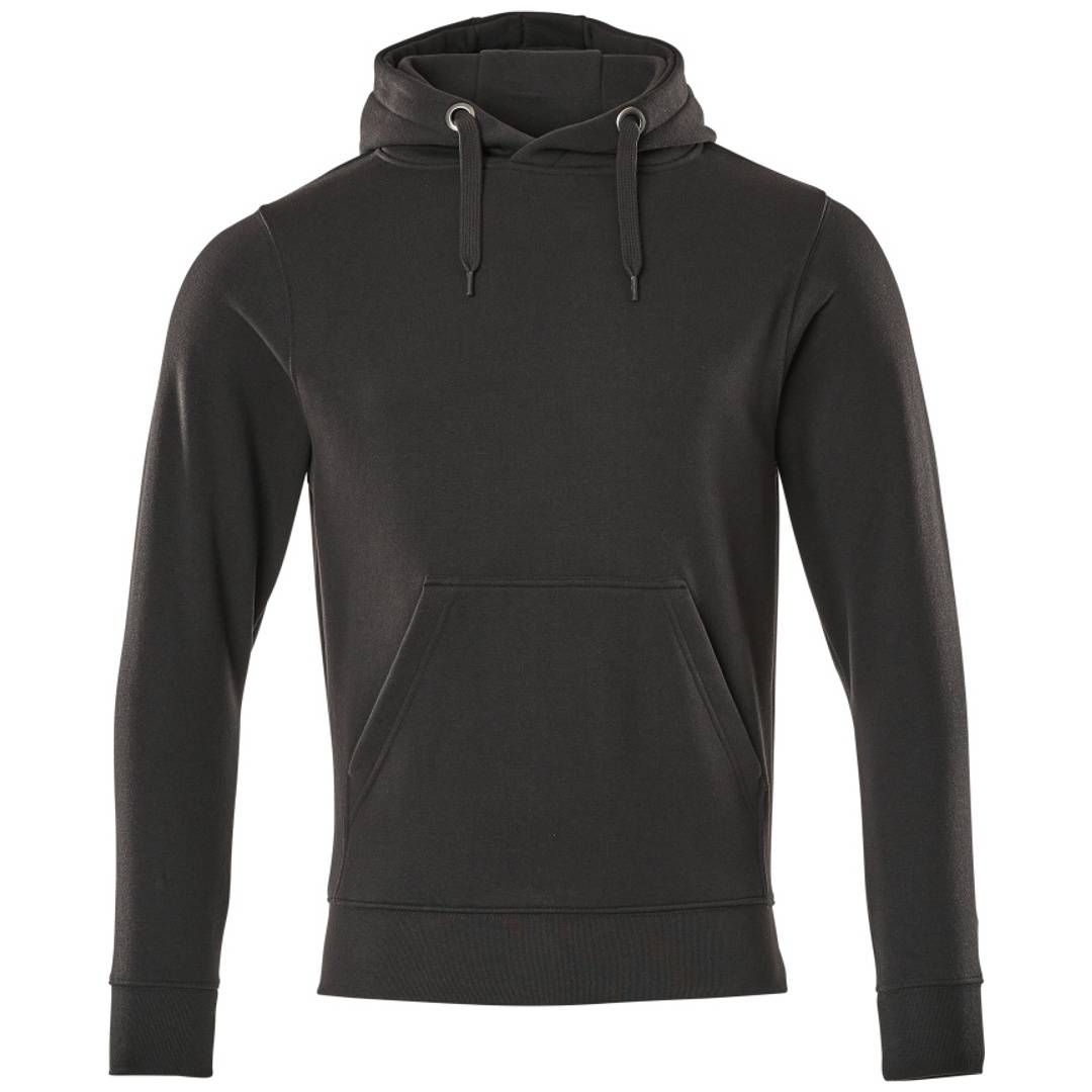 Schwarzer Kapuzenpullover mit Kordelzug-Kapuze und vorderer Känguru-Tasche, gezeigt auf einfachem weißem Hintergrund.