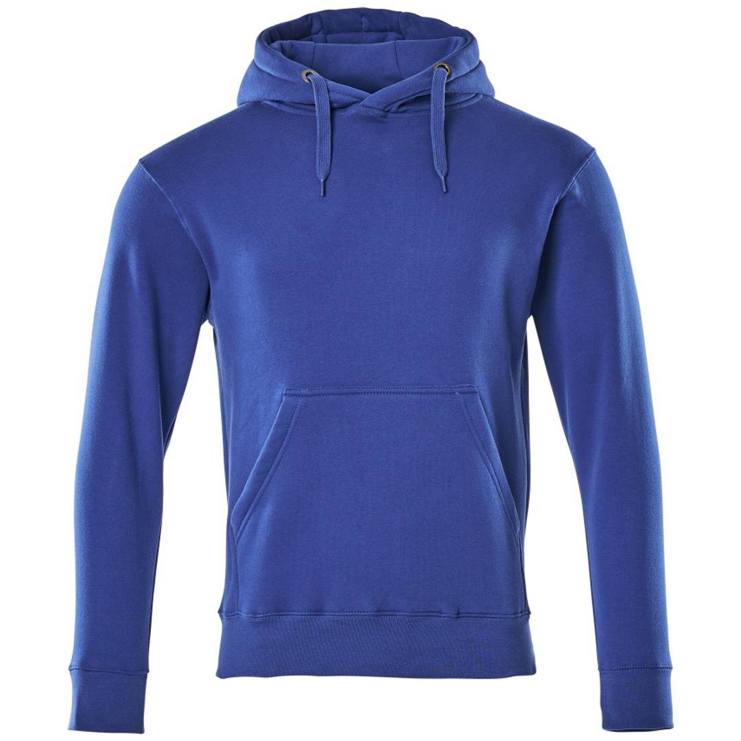 Blauger Kapuzenpullover mit langen Ärmeln und einer vorderen Känguru-Tasche, dargestellt vor einem schlichten weißen Hintergrund.