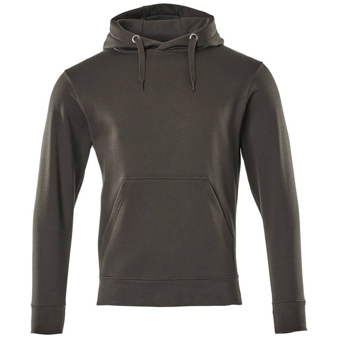Dunkelgraues Kapuzen-Sweatshirt mit Kängurutasche vorne, vor einfarbigem weißem Hintergrund abgebildet.