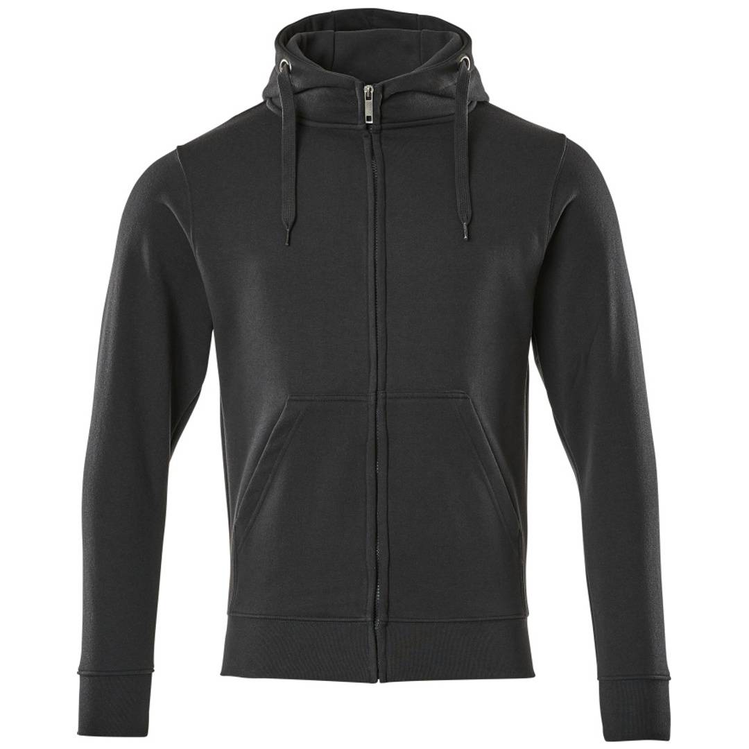 Schwarzer Zip-Hoodie mit langen Ärmeln und vorderen Känguru-Taschen, gezeigt vor einem einfachen weißen Hintergrund.